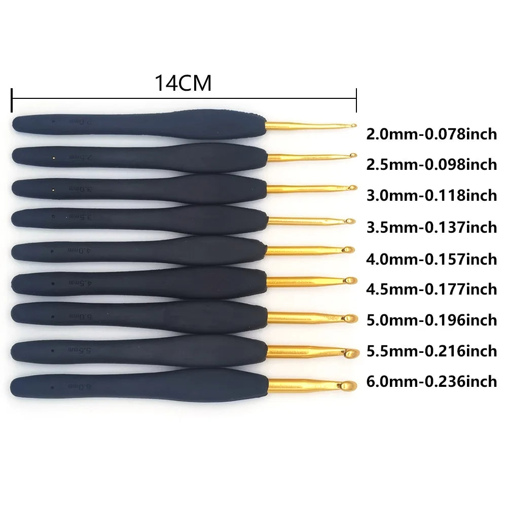 Aluminium Black & Gold Crochet Hook Needles 2-6mm 9pcs Set