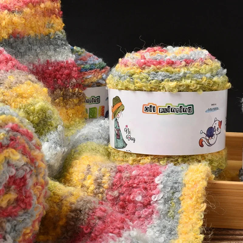 Warm Rainbow Gradient Oil Painting Fluffy Wool Yarn Ball