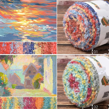Warm Rainbow Gradient Oil Painting Fluffy Wool Yarn Ball